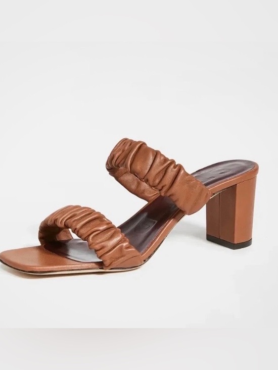 STAUD Shoes - Staud Frankie tan leather ruched block heel leather mule sandals sz 7 EUC